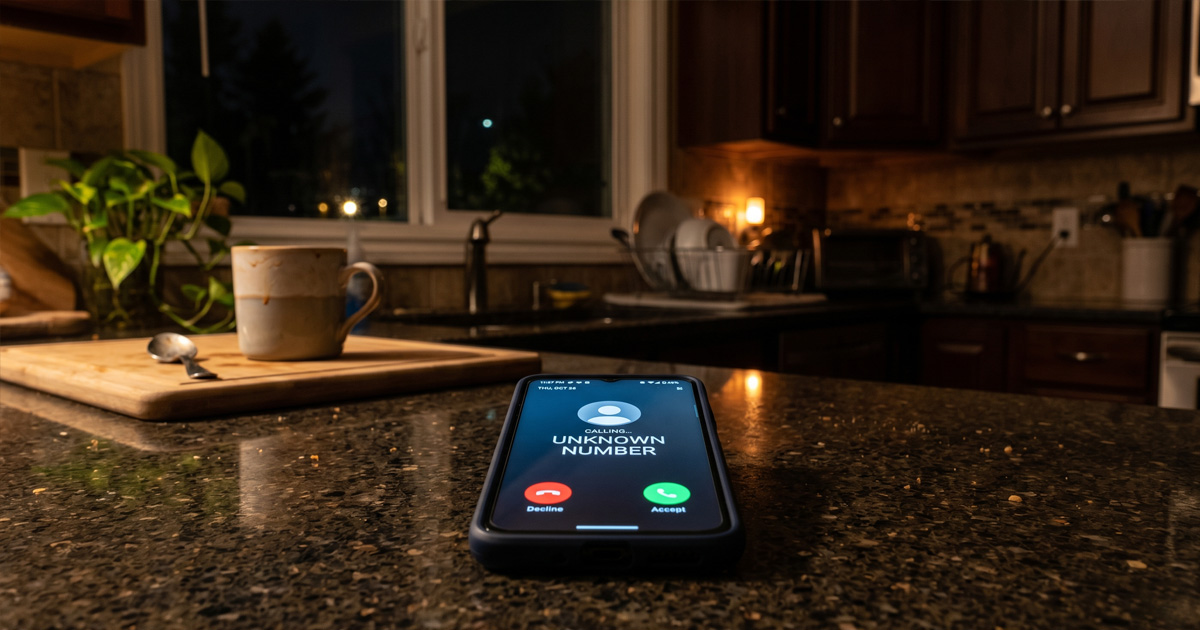 A phone face-up on a kitchen counter at night, screen lit with an incoming call from an unknown number.
